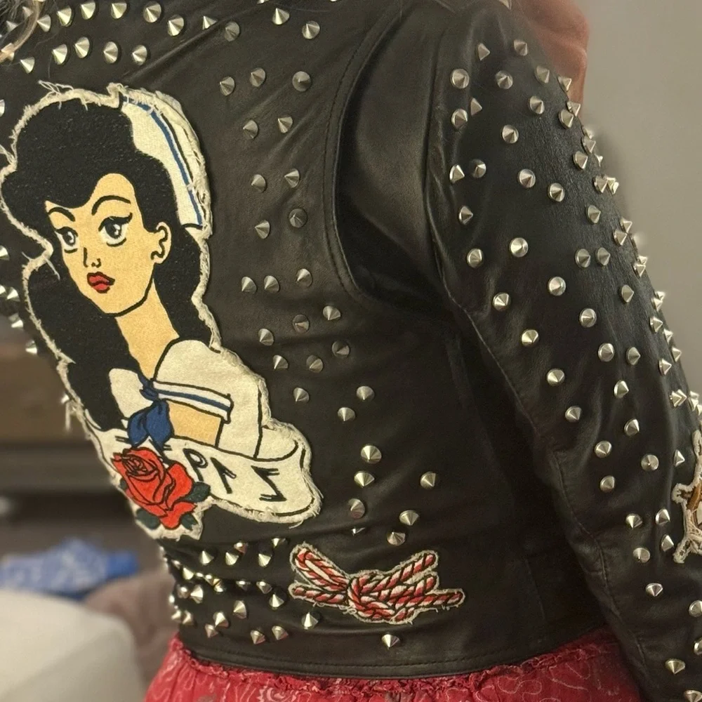 Zara Black and Red Leather Jacket with Studded Details - Picture 8 of 8